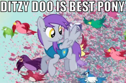 Size: 754x498 | Tagged: safe, edit, edited screencap, screencap, flutter doo, bird, blue jay, pegasus, pony, songbird, g4, winter wrap up, background pony, best pony, female, flock, flying, image macro, mare, migration, purple mane, recolor, smiling, spread wings, weather team, winter wrap up vest
