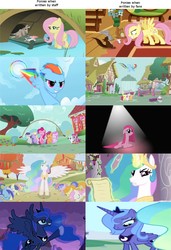 Size: 1000x1462 | Tagged: safe, edit, edited screencap, screencap, apple bloom, bon bon, carrot top, dinky hooves, fluttershy, golden harvest, minuette, pinkie pie, princess celestia, princess luna, rainbow dash, scootaloo, sweetie belle, sweetie drops, twinkleshine, alicorn, earth pony, fish, pegasus, pony, unicorn, a friend in deed, dragonshy, fall weather friends, friendship is magic, g4, luna eclipsed, party of one, ponyville confidential, putting your hoof down, sonic rainboom (episode), the crystal empire, abuse, adventure in the comments, alternate character interpretation, applebuse, bitchlestia, comparison, crusadabuse, cute, cutie mark crusaders, dead, feeding, female, flutterbitch, mare, meta, pinkamena diane pie, rainbow douche, scootabuse, sweetiebuse, truth, woona