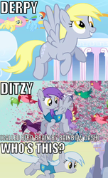 Size: 430x706 | Tagged: safe, edit, edited screencap, screencap, derpy hooves, flutter doo, frosty dew, pegasus, pony, g4, sonic rainboom (episode), winter wrap up, background pony, cute, derpabetes, female, flying, image macro, mare, purple mane, recolor, text, weather team, winter wrap up vest