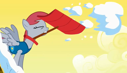 Size: 770x446 | Tagged: safe, screencap, ski doo, pegasus, pony, g4, season 1, winter wrap up, background pony, eyes closed, female, mare, mouth hold, recolor, red mane, shovel, snow, snow shovel, solo, spread wings, weather team, wings, winter wrap up vest