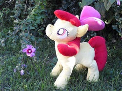 Size: 3648x2736 | Tagged: safe, artist:meganichan04, apple bloom, earth pony, pony, g4, flower, grass, irl, outdoors, photo, plushie, solo