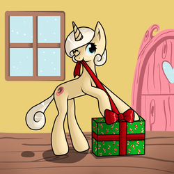 Size: 900x900 | Tagged: safe, artist:sakwc, oc, oc only, pony, unicorn, bow, present, snow, snowfall