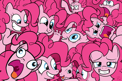 Size: 1024x683 | Tagged: safe, artist:dappercat-uk, pinkie pie, g4, too many pinkie pies, clone, faic, hoof fingers, multeity, pinkie clone, pinkie's silly face, too much pink energy is dangerous, wallpaper, xk-class end-of-the-world scenario