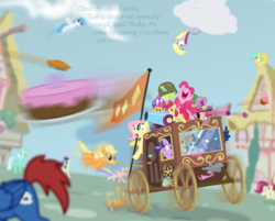 Size: 900x723 | Tagged: safe, artist:the-loneknight, apple bloom, applejack, bon bon, derpy hooves, fluttershy, granny smith, holly dash, lightning bolt, lyra heartstrings, pinkie pie, princess luna, rainbow dash, rarity, roseluck, scootaloo, spike, sunshower raindrops, sweetie drops, white lightning, oc, pegasus, pony, g4, buggy, cake, carriage, cupcake, female, fight, flag, mare, noodle incident, party cannon, pie, random, wat