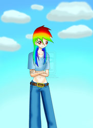 Size: 1024x1408 | Tagged: dead source, safe, artist:pz0xwasp, rainbow dash, human, g4, deviantart watermark, female, humanized, obtrusive watermark, solo, watermark