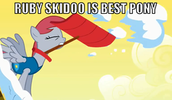 Size: 770x446 | Tagged: safe, edit, edited screencap, screencap, ski doo, pegasus, pony, g4, season 1, winter wrap up, background pony, best pony, eyes closed, female, image macro, mare, mouth hold, recolor, red mane, shovel, snow, snow shovel, solo, spread wings, weather team, wings, winter wrap up vest