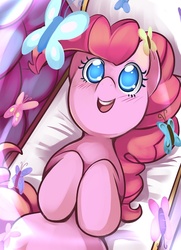 Size: 530x732 | Tagged: safe, artist:ende26, pinkie pie, butterfly, pony, g4, too many pinkie pies, couch, cute, diapinkes, female, looking up, on back, solo
