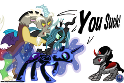 Size: 3600x2400 | Tagged: safe, artist:template93, discord, king sombra, nightmare moon, queen chrysalis, g4, abuse, antagonist, disapproval, sombra drama, sombrabuse