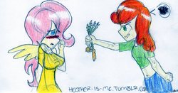 Size: 1280x669 | Tagged: safe, artist:heather-is-me, carrot top, fluttershy, golden harvest, human, g4, 30 minute art challenge, belly button, blushing, carrot, clothes, dress, humanized, midriff, traditional art, winged humanization