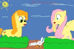 Size: 1280x853 | Tagged: safe, artist:particleese, angel bunny, carrot top, fluttershy, golden harvest, g4, 30 minute art challenge, carrot