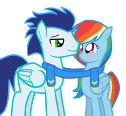 Size: 900x824 | Tagged: safe, artist:rainbowdashfanselin, rainbow dash, soarin', pegasus, pony, g4, clothes, female, male, mare, scarf, shared clothing, shared scarf, ship:soarindash, shipping, simple background, stallion, straight, transparent background