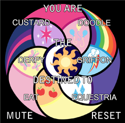 Size: 800x786 | Tagged: safe, applejack, fluttershy, pinkie pie, rainbow dash, rarity, twilight sparkle, griffon, g4, destiny generator, fanon, mane six, meme, text