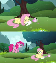 Size: 1280x1440 | Tagged: safe, artist:capnpea, edit, angel bunny, fluttershy, pinkie pie, earth pony, pegasus, pony, g4, too many pinkie pies, bestiality, caught, female, flutterzoo, interspecies, kiss on the lips, kissing, male, mare, ship:angelshy, shipping, straight