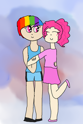 Size: 900x1339 | Tagged: safe, artist:kacotheunicorn, pinkie pie, rainbow dash, human, g4, female, hug, humanized, lesbian, ship:pinkiedash, shipping