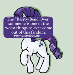 Size: 487x500 | Tagged: safe, rarity, pony, unicorn, g4, bend over, female, horn, mare, pony confession, raised hoof