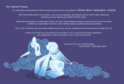 Size: 1100x750 | Tagged: artist needed, source needed, safe, oc, alicorn, pony, alicorn oc, announcement, convention, crying, ethereal mane, eyes closed, female, mare, purple background, sad, simple background, solo, starry wings, winter moon celebration