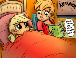 Size: 1347x1041 | Tagged: safe, artist:megasweet, artist:trelwin, applejack, big macintosh, human, g4, bed, book, cute, fear of thunder, humanized, jack and the beanstalk, jackabetes, macabetes, scared, thunder, young, younger