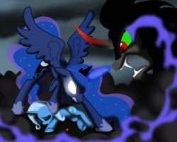 Size: 1673x1346 | Tagged: dead source, safe, artist:pinkanon, king sombra, princess luna, trixie, umbrum, g4, glowing eyes