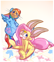 Size: 773x884 | Tagged: safe, artist:0r0ch1, oc, oc only, oc:0r0ch1, rabbit, animal, clothes, costume, duo, footed sleeper, fursuit, implied fluttershy, implied rainbow dash, kigurumi, simple background, sitting