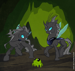 Size: 950x896 | Tagged: safe, artist:oak321, changeling, duo, raised hoof, side view