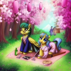 Size: 700x700 | Tagged: safe, artist:donoguad, oc, oc only, human, pony, cherry blossoms, kimono (clothing)