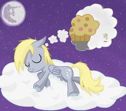 Size: 1024x900 | Tagged: safe, artist:robin jacks, derpy hooves, pegasus, pony, g4, cloud, dream, female, mare, mare in the moon, moon, muffin, on a cloud, show accurate, sleeping, solo