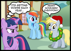 Size: 7000x5023 | Tagged: safe, artist:austiniousi, derpy hooves, rainbow dash, twilight sparkle, pegasus, pony, unicorn, g4, absurd resolution, christmas wreath, female, mare, twilight sparkle is not amused, unamused, unicorn twilight, wreath