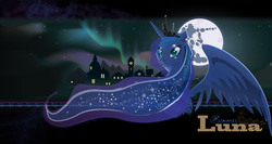 Size: 3813x2022 | Tagged: safe, artist:devinian, princess luna, pony, g4, aurora borealis, crown, female, moon, night, solo