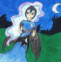 Size: 942x952 | Tagged: safe, artist:raweradash, nightmare moon, princess luna, human, g4, female, humanized, moon, solo, traditional art