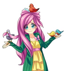 Size: 750x814 | Tagged: safe, artist:semehammer, fluttershy, bird, human, g4, clothes, cute, dress, eye clipping through hair, female, humanized, looking at you, shrug, shrugpony, shyabetes, simple background, solo, sweat, sweatdrop, white background