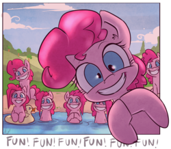 Size: 1000x873 | Tagged: safe, artist:atryl, pinkie pie, earth pony, pony, g4, too many pinkie pies, clone, female, floaty, fourth wall, fun fun fun, grin, looking at you, mare, multeity, out of frame, pinkie clone, smiling, too much pink energy is dangerous, wide eyes