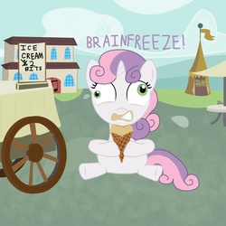 Size: 1200x1200 | Tagged: safe, artist:mightyshockwave, sweetie belle, pony, unicorn, g4, brain freeze, female, filly, foal, ice cream, ice cream cone, solo, sweets, treat, vanilla