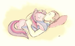 Size: 3232x2022 | Tagged: safe, artist:damianuss, twilight sparkle, human, pony, g4, blank flank, hug, human on pony snuggling, pillow, sleeping, snuggling