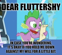 Size: 436x386 | Tagged: safe, edit, edited screencap, screencap, spike, dragon, friendship is magic, g4, caption, letter, male, meme, quill, scroll, spike's love letters, tongue out, twilight's canterlot home, window