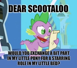 Size: 436x386 | Tagged: safe, edit, edited screencap, screencap, spike, dragon, friendship is magic, g4, caption, letter, male, meme, quill, scroll, spike's love letters, tongue out, twilight's canterlot home, window