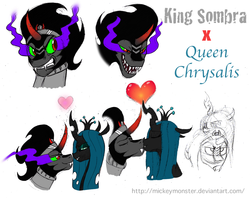 Size: 1116x886 | Tagged: safe, artist:mickeymonster, king sombra, queen chrysalis, changeling, g4, female, kissing, male, ship:chrysombra, shipping, straight