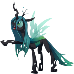 Size: 1083x1081 | Tagged: safe, artist:frozenspots, queen chrysalis, changeling, changeling queen, g4, crown, fangs, female, horn, jewelry, open mouth, raised hoof, regalia, simple background, solo, spread wings, transparent background, wings