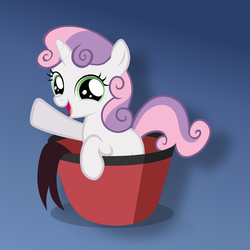 Size: 1080x1080 | Tagged: safe, artist:jan, sweetie belle, pony, unicorn, ask the crusaders, g4, cup of pony, cute, diasweetes, female, fez, filly, hat, open mouth, smiling, solo