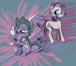 Size: 1179x1020 | Tagged: safe, artist:xenon, rarity, spike, dragon, pony, unicorn, g4, butt, duo, female, fire ruby, male, mare, plot, sketch