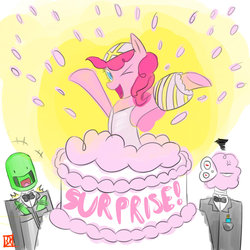 Size: 900x900 | Tagged: safe, artist:lordvader914, pinkie pie, g4, bionicle, birthday cake, cake, crossover, kopaka, lego, lewa, popping out of a cake, surprise cake