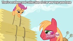 Size: 1221x685 | Tagged: safe, edit, edited screencap, screencap, big macintosh, scootaloo, earth pony, pony, g4, hearts and hooves day (episode), season 2, caption, funny, hay bale, hearts and hooves day, hub logo, male, stallion