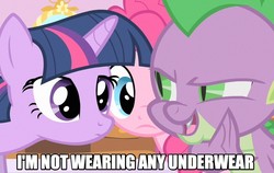 Size: 999x633 | Tagged: safe, edit, edited screencap, screencap, pinkie pie, spike, twilight sparkle, dragon, pony, g4, green isn't your color, caption, female, image macro, implied, male, mare, we don't normally wear clothes