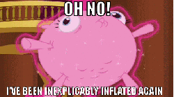 Size: 588x330 | Tagged: safe, edit, edited screencap, screencap, pinkie pie, pony, g4, too many pinkie pies, animated, balloonie pie, blonic, caption, female, image macro, inflation, solo, spherical inflation