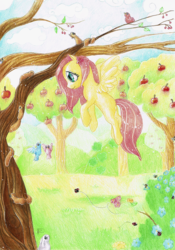 Size: 721x1030 | Tagged: safe, artist:moehn, fluttershy, bird, g4, apple, tree