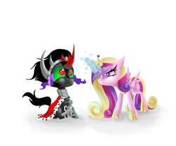 Size: 1200x1000 | Tagged: safe, artist:eternityfaprio, king sombra, princess cadance, alicorn, pony, unicorn, g4, angry, armor, cape, clothes, colored horn, curved horn, female, horn, magic, magic aura, male, mare, simple background, sitting, sombra eyes, stallion, white background