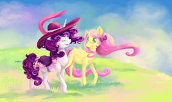 Size: 4376x2599 | Tagged: safe, artist:graypaint, fluttershy, rarity, g4, clothes, dress, female, hat, lesbian, ribbon, ship:flarity, shipping, windswept mane