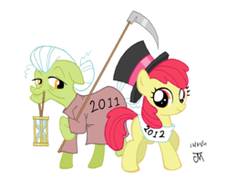 Size: 556x464 | Tagged: safe, artist:jeffmartinez, apple bloom, granny smith, earth pony, pony, g4, female, filly, hat, hourglass, mare, mouth hold, scythe, simple background, top hat, transparent background