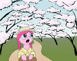 Size: 800x636 | Tagged: safe, artist:ambrosebuttercrust, pinkie pie, g4, anne of green gables, book, cottagecore, crossover, hat, parody, tree
