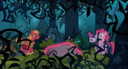 Size: 1433x779 | Tagged: safe, screencap, big macintosh, pinkie pie, twilight sparkle, earth pony, pony, unicorn, g4, my little pony: friendship is magic, too many pinkie pies, brambles, everfree forest, female, forest, magic, male, mare, rock, stallion, telekinesis, trio, unicorn twilight