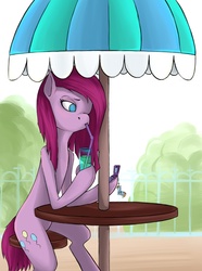 Size: 1105x1488 | Tagged: safe, artist:insanitylittlered, pinkie pie, rainbow dash, earth pony, pony, g4, alcohol, cellphone, cocktail, drink, drinking straw, flip phone, phone, pinkamena diane pie, solo, table, umbrella